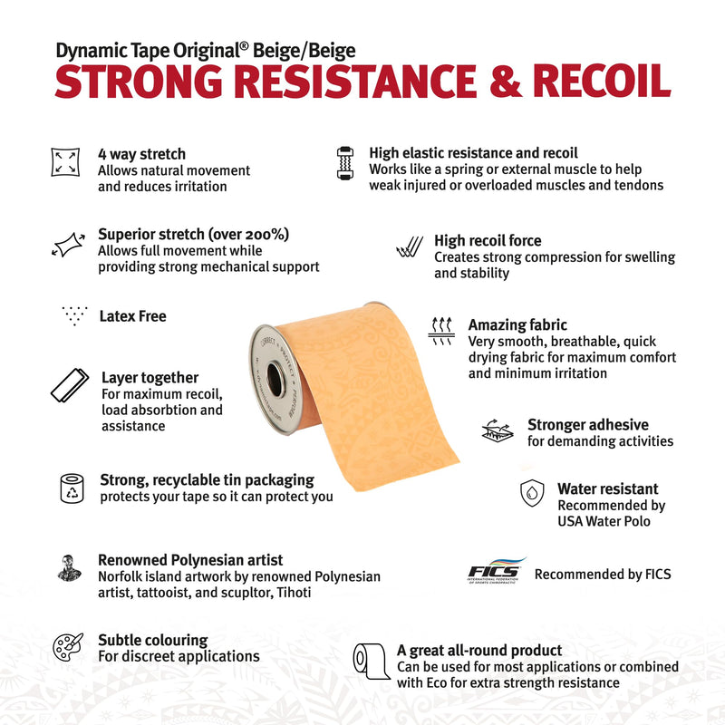 Dynamic Tape Original - Biomechanical Athletic Tape | 4 Way Stretch & Stronger Recoil Than Kinesiology Tape | Designed for Muscle & Joint Load Management | High-Load Sports Use (2" Beige Roll) 2 Inch - 1 Pack Original Beige - BeesActive Australia