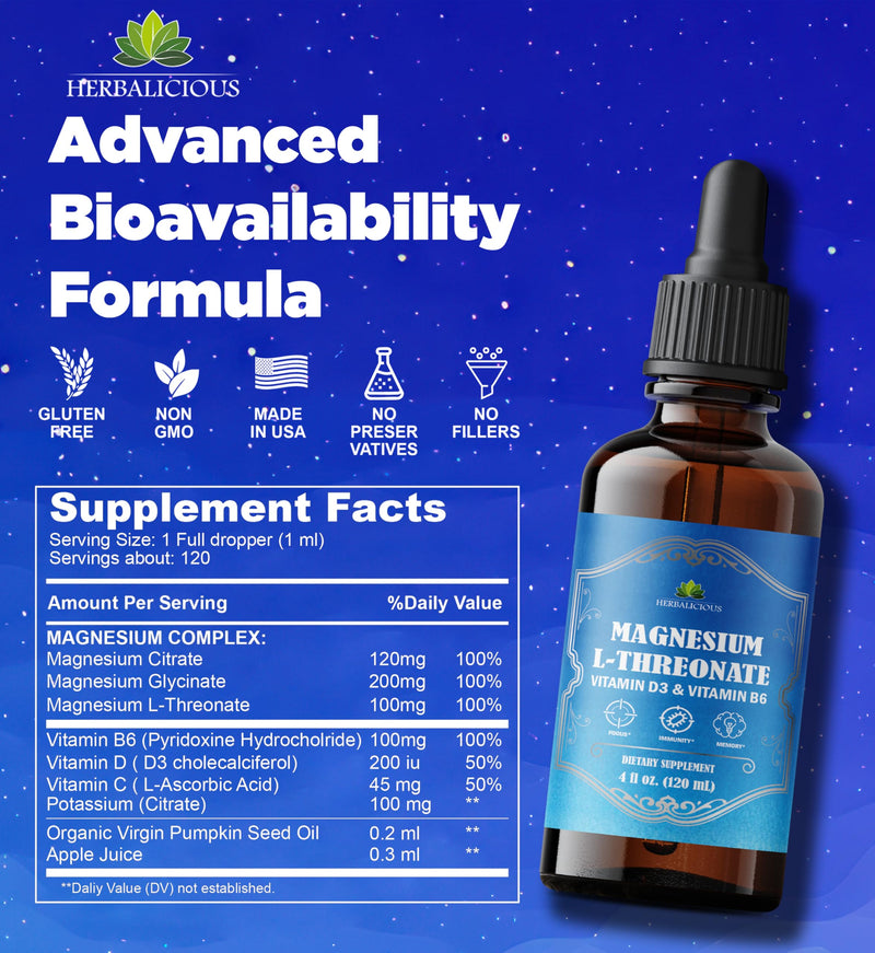 HERBALICIOUS Magnesium Complex Liquid with Vitamin D3 & B6 – High Absorption Citrate, Glycinate & L-Threonate – Supports Energy, Mood, Relaxation, Bone Health & Immunity – 4 oz Liquid Drops