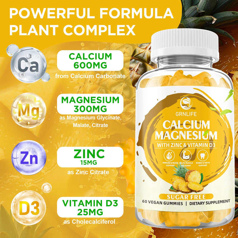 Calcium Magnesium Zinc Gummies with Vitamin D3, Sugar Free Calcium Gummies for Women Men, High Potency Magnesium for Bone & Muscle & Immune Health, Pineapple Flavor - 120 Count 60 Count (Pack of 2)