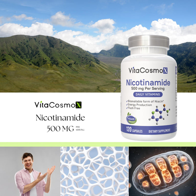 Nicotinamide 500mg Vitamin B3, 120 Capsules - Non-GMO, Gluten Free, Flush Free 1