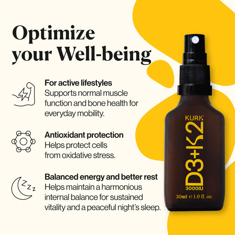 Kurk Vegan Vitamin D3 K2 Spray for Everyday Wellness (1 Fl Oz) | Delivers K2 MK-7 Vitamin Supplement and 3000IU D3 for Adults, Plant Based with Natural Ingredients, Refreshing Mint Taste
