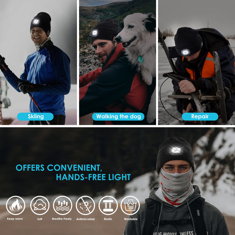 Bluetooth Beanie Hat with Light for Men, Rechargeable 4 Led Headlamp Cap Wireless Headphones, Unique Gifts for Men Dad Teen-Black