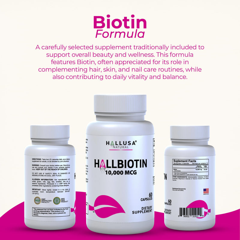 Hallusa Natural Biotin 10,000mcg, 60 Capsules, Healthy Hair, Skin & Nails - Pastillas para la caída del Cabello - Crecimiento del Cabello – Crecimiento de la Barba - Alopecia y calvicie