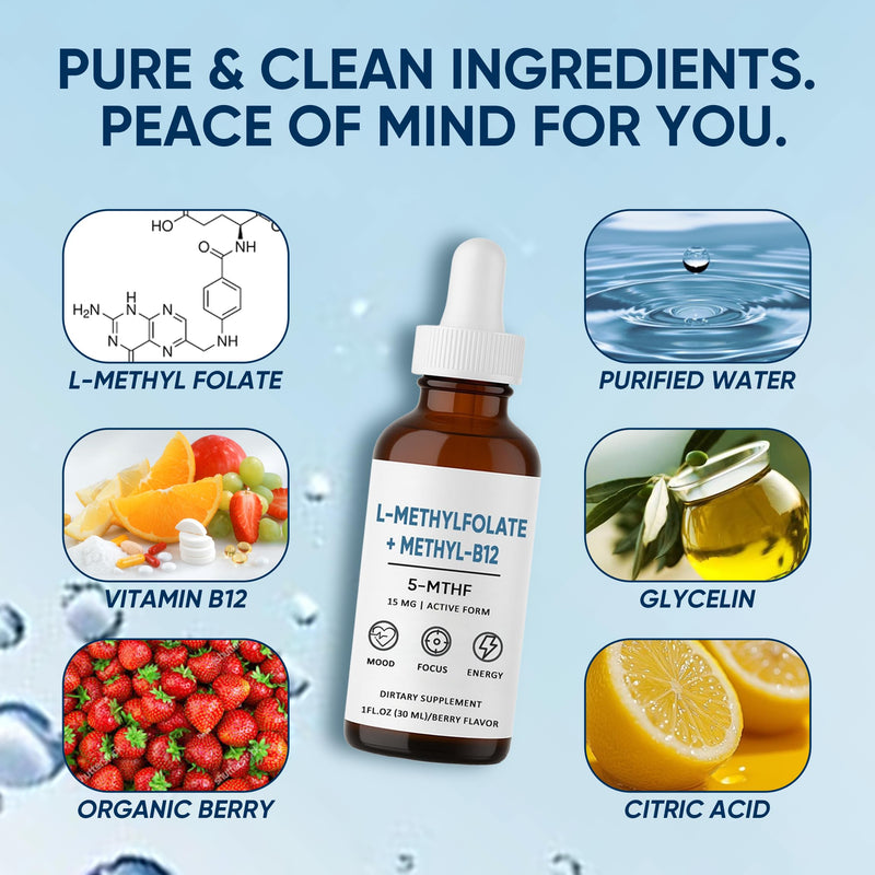 L-Methylfolate, 15mg L-Methylfolate + Methyl-B12, Improved Focus and Attention, Balanced Mood & Overall Wellness, Organic Berry Flavor, Liquid Sublingual Form, 1fl oz