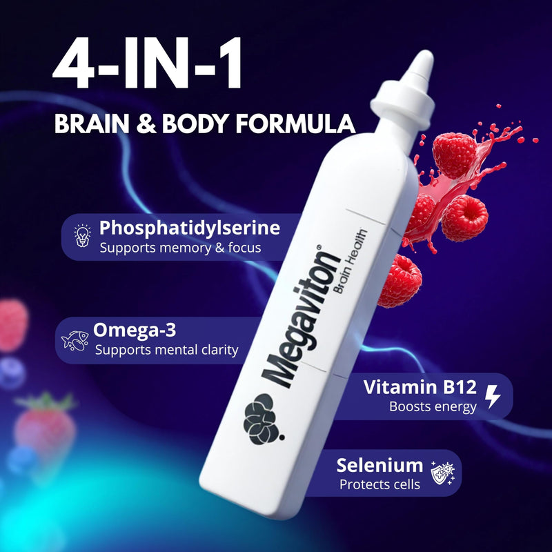 Brain Health Complete 3-in-1 Formula in 10 Liquid vials and 20 softgels, offering Daily Support for Cognitive Function, Mental Clarity, and Nervous System Health.