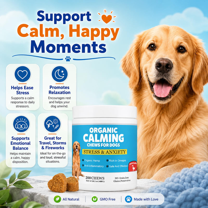 Calming Chews for Dogs, Dog Calming Treats with Melatonin, Stress & Anxiety Relief, Relaxation Aid for Travel, Vet Visits, Fireworks, Storms & Separation, Duck Flavor, 200 Soft Chews 200 Chews