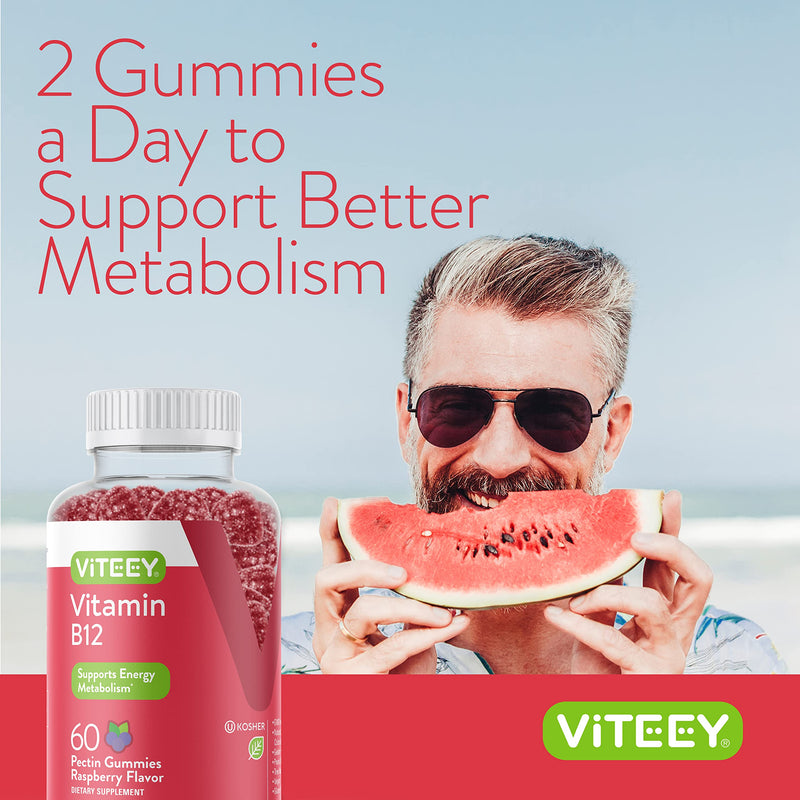 Viteey Vitamin B12 Gummies | Cognitive Support and Energy Gummies - Vegan, Gelatin Free, Gluten Free - Tasty Chewable Raspberry Flavored Gummy - 120 Count 60 Count (Pack of 2)