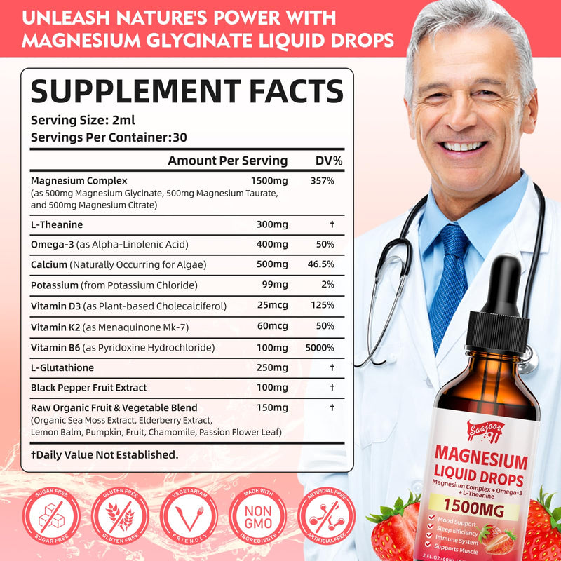 2 Pack Magnesium Glycinate Liquid Drops, 1500mg Magnesium Liquid Supplement with Vitamin B6, D3, L - Theanine, Omega3,Support Night, Muscle, Bone, Mood, Strawberry Flavor - 4 Fl Oz (120ml) Bottle 2pack