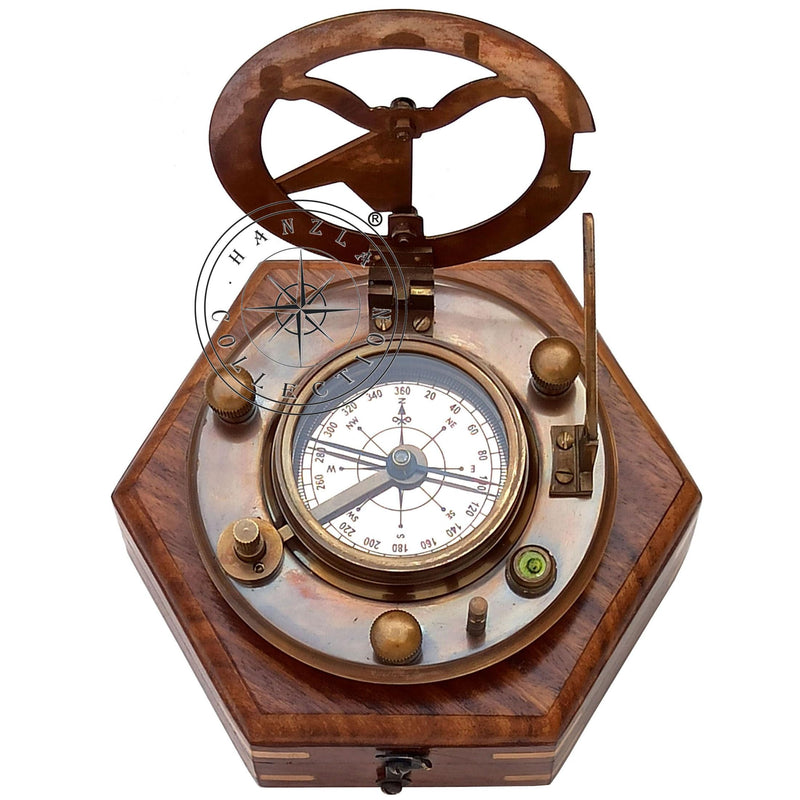 Antique Brass Sundial Compass with Wooden Box and Chart | Working Compass | Gilbert & Sons London Sun Clock Decorations Ship Replica Watch