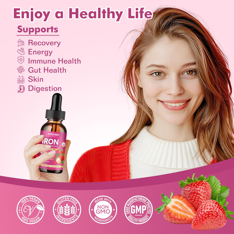 2 Pack Liquid Iron Supplement for Women & Men 18mg with Vitamin C, B12, B6, Folate & Zinc | High Absorption Ferrous Bisglycinate Chelate, Natural Strawberry Flavor, Sugar-Free, Anemia & Energy Support 2 Fl Oz (Pack of 2)