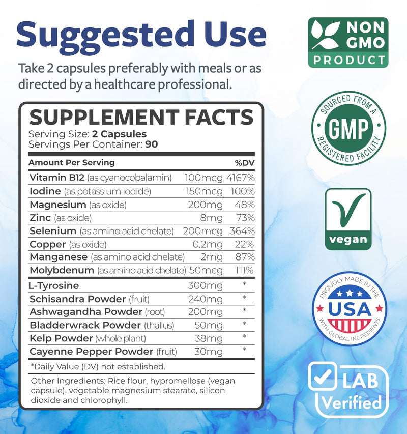 Healths Harmony Herbal Thyroid Support Complex with Iodine (3 Month Supply) | Thyroid Health Capsules with Vitamins Minerals & Herbs with Ashwagandha Selenium & More to Balance Energy - Vegan & Non-GMO 180 Count (Pack of 1)