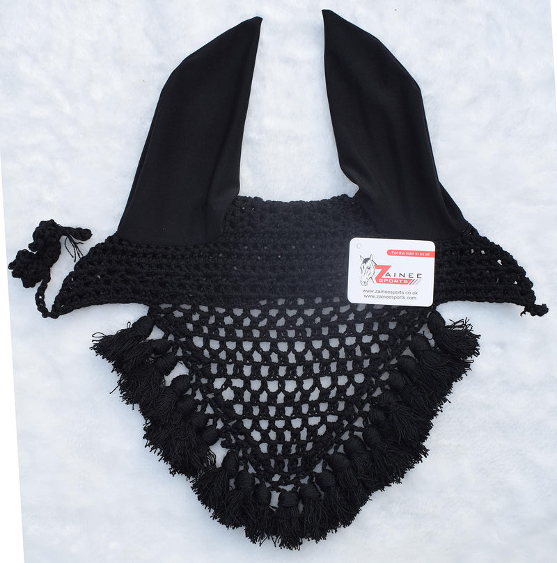 Horse Fly Bonnet Fringe Ear Nets Ear Cover Hat Hood Mask Flyveil Full Light Weight Handmade Polyester Full (Horse/Full, Black) HORSE / FULL - BeesActive Australia