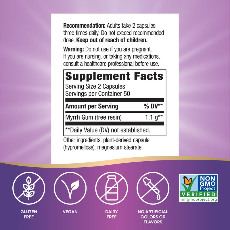 Nature's Way Myrrh Gum Tree Resin, Traditional Digestive Support*, 100 ct | 1.1 g per 2-Capsule Serving, Non-GMO Project Verified, Vegan, Dairy-Free, Gluten-Free, No Artificial Colors or Flavors 100 Count (Pack of 1)