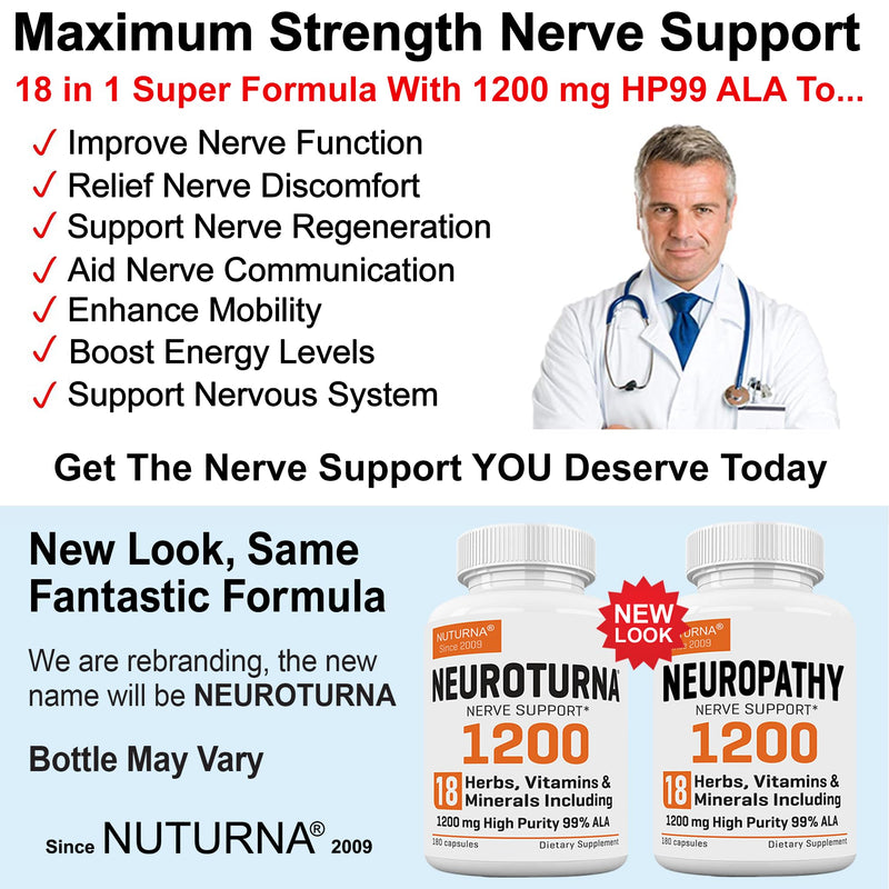 Neuropathy Support Supplement with 1200 mg HP-99 Alpha Lipoic Acid - Max Strength ALA Nerve Formula for Feet Hands Fingers Legs - Ultra Potent 18 in 1 Natural Nerve Vitamins - 180 Capsules White-cloud