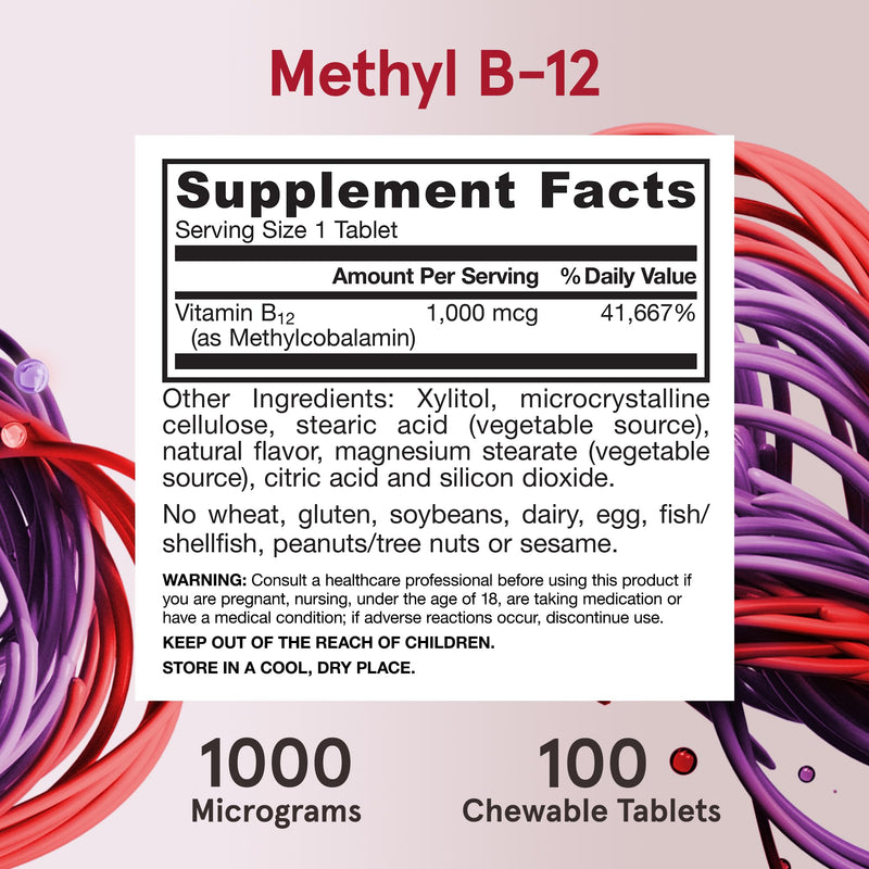 Jarrow Formulas Methyl Vitamin B-12 1000 mcg, 100 Chewable Tablets, Lemon Flavored- Bioactive B12 Vitamin - Supports Cellular Energy Production, Brain Health & Metabolism - 100 Servings | Lemon Flavored, Bioactive B12 Vitamin, Supports Cellular Energy ...