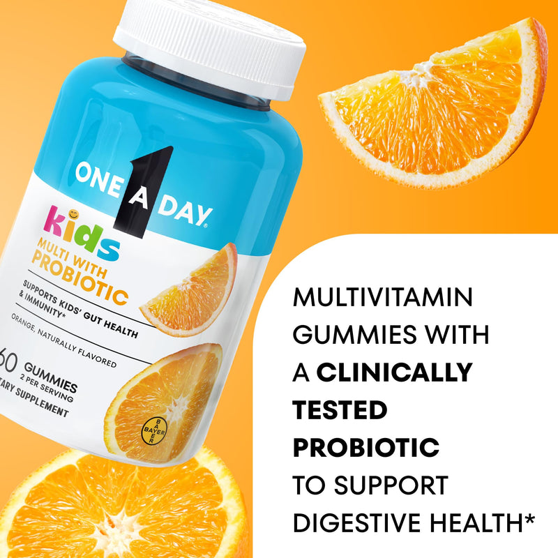 One A Day Kids Multivitamin with Probiotic, Multivitamin Gummies, Kids Probiotic for Digestive Health, Gummy Vitamins with Vitamin D for Immune Support, Orange Flavor, 60 Count
