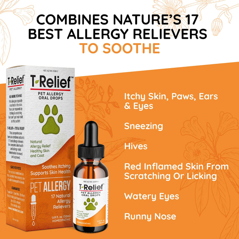 T-Relief Pet Allergy Support Drops for Dogs & Cats Itchy Relief Supports Healthy Skin & Coat Natural Medicine Helps Soothe Hot Spot Itching Paws Licking Runny Nose Sneezing Watery Eyes - 1.69 Fl oz - PawsPlanet Australia