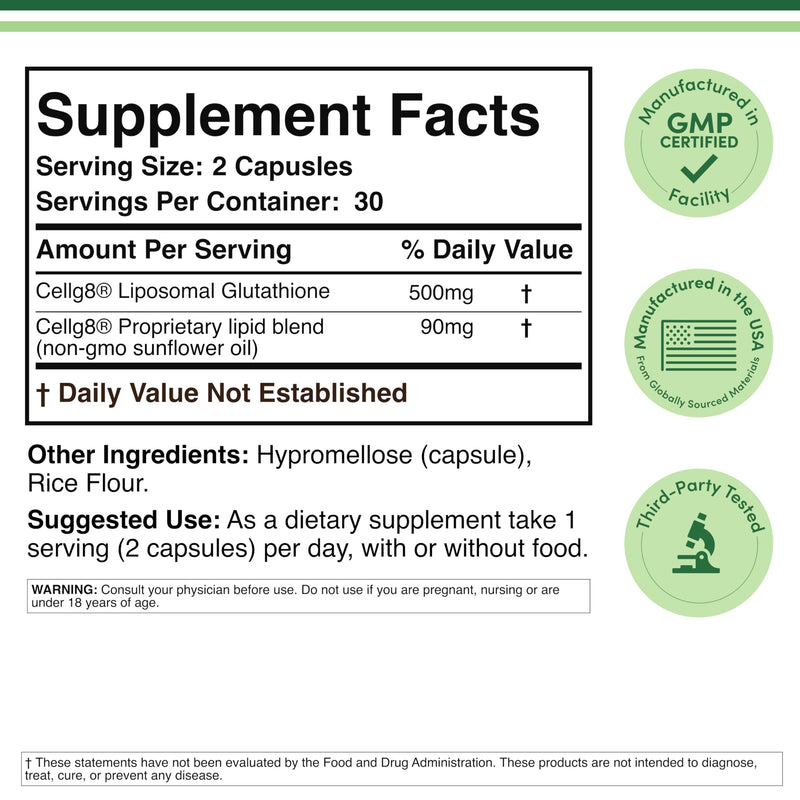 Liposomal Glutathione 500mg, Skin + Detox Support, 60 Capsules | Skin + Detox Supplement, CELLg8 Liposomal Delivery, Brighter, Even-Toned Skin, Liver Support, No Aftertaste, 30-Day Supply 60 Count (Pack of 1)