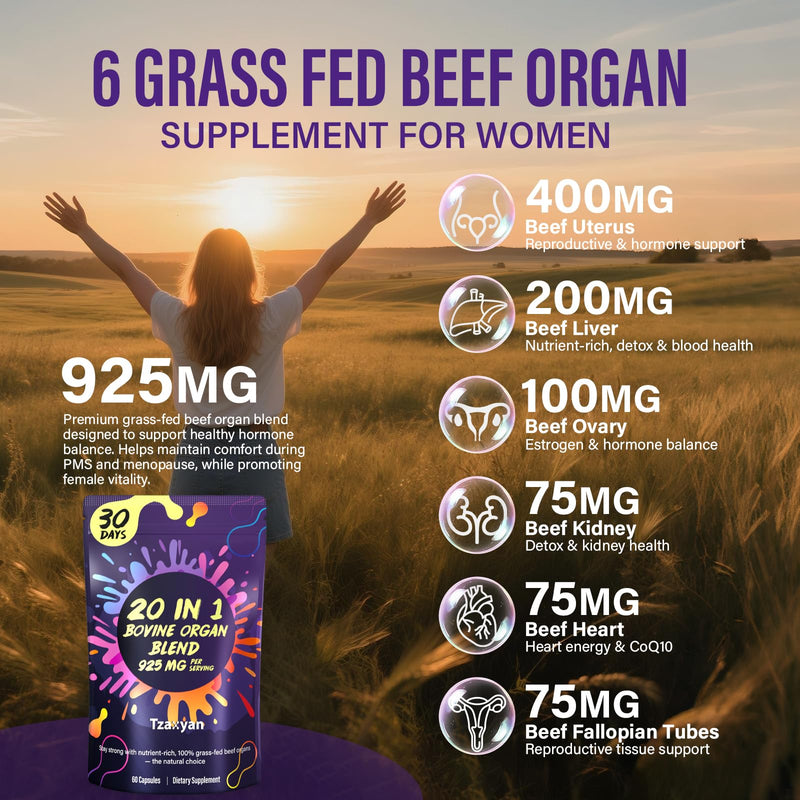 20-In-1 Beef Organ Supplement for Women, 925MG Grass Fed Beef Liver, Uterus, Ovary & 3 more with Maca, DIM, Black Cohosh, Vitamin & Mineral, Bovine organ Capsules for Hormone Balance, Energy, 30 Days Beef Organ & Herbal 60 Count (Pack of 1)