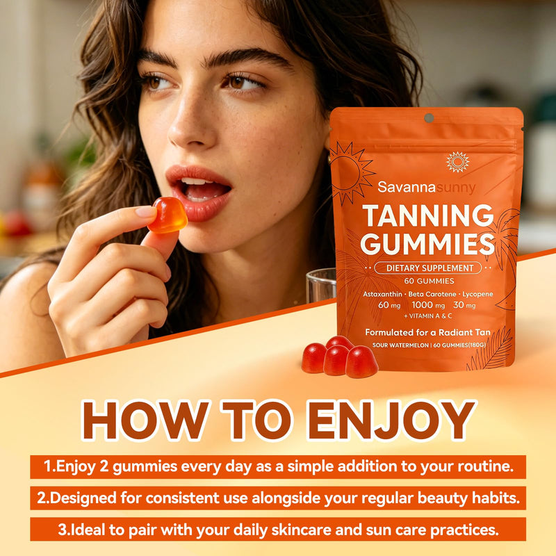 Tanning Gummies for Women Beta-Carotene Astaxanthin Vitamin C&E Vegan 60 Ct
