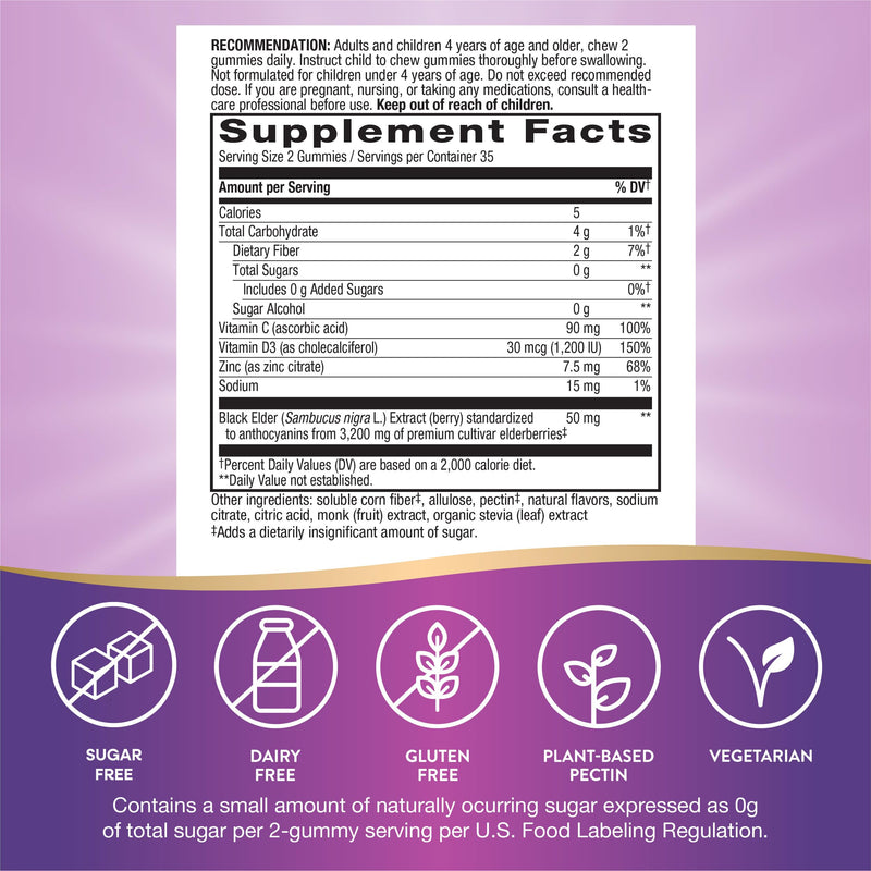 Nature's Way Sambucus Zero Sugar Immune Gummies, Daily Immune Support*, Black Elderberry Extract, Vitamin C, Vitamin D3, Zinc, Sugar Free, Sugar Alcohol Free, Plant-Based Sweeteners, 70 Gummies All Family 70 Count (Pack of 1)