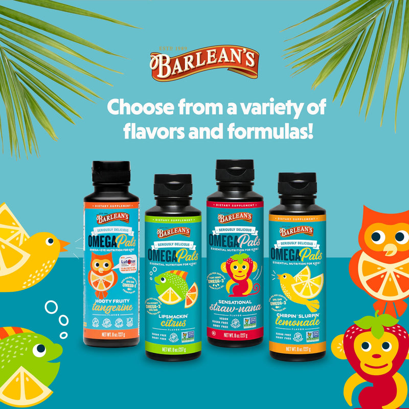 Barlean's Lemonade Omega Pals Kids Omega-3 Fish Oil, 540mg EPA & DHA, 8oz | Wild-caught kids fish oil, 540mg EPA DHA omega-3, Kid-friendly flavor, Non-GMO, Gluten-free, Liquid, Brain & eye Chirpin' Slurpin' Lemonade 8 Fl Oz (Pack of 1)