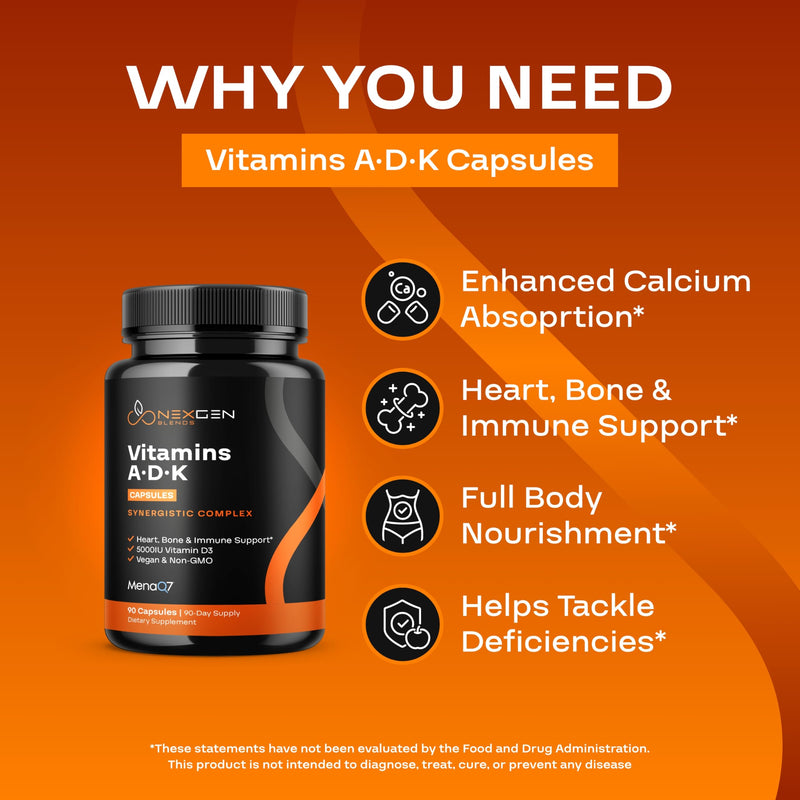 High Absorption ADK Vitamin Supplement - Vegan Vitamin D3 K2 MK7 & A for Calcium Regulation plus Bone Heart Thyroid & Immune Support - Vitamin ADK with 5000IU D3 Non GMO & Gluten Free (3 Months) 90 Count (Pack of 1)