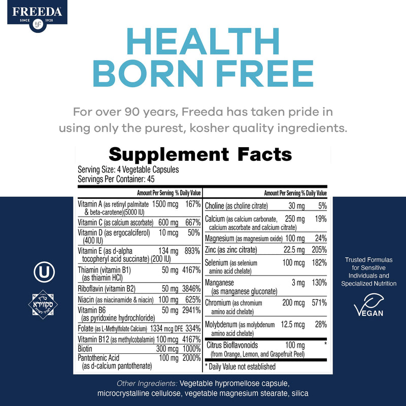 FREEDA SCD Multivitamin – Daily Multivitamin Supplement for Men & Women – Vegan, Gluten-Free, SCD Legal – Kosher Certified Adult Vitamins – Specific Carbohydrate Diet Friendly – 180 Capsules | SCD Legal Formula with Essential Vitamins & Minerals for Me...