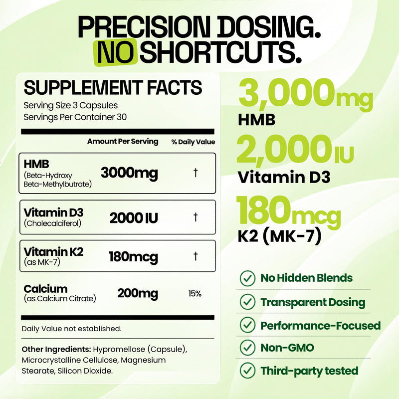 HMB 3000mg Supplement | Vitamin D3 K2 + Calcium | Muscle Recovery, Lean Muscle Support & Bone Health | Muscle Retention Support Supplement for Men & Women | Non-GMO | 120 Capsules