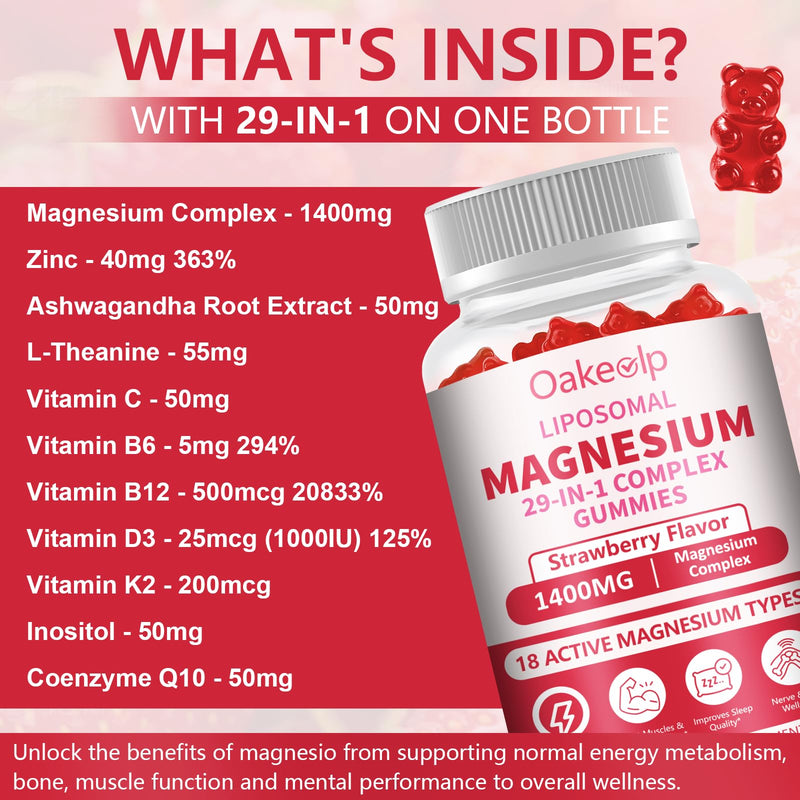 3 Pack 29-in-1 Liposomal 18 Active Types Magnesium Complex 1400MG Gummies,Citrate Glycinate Malate etc,Mild & Efficient,Extra Vitamin B6 B12 D3K2 & CoQ10 for Women and Men-Support Bone & Muscle 60 Count (Pack of 3)
