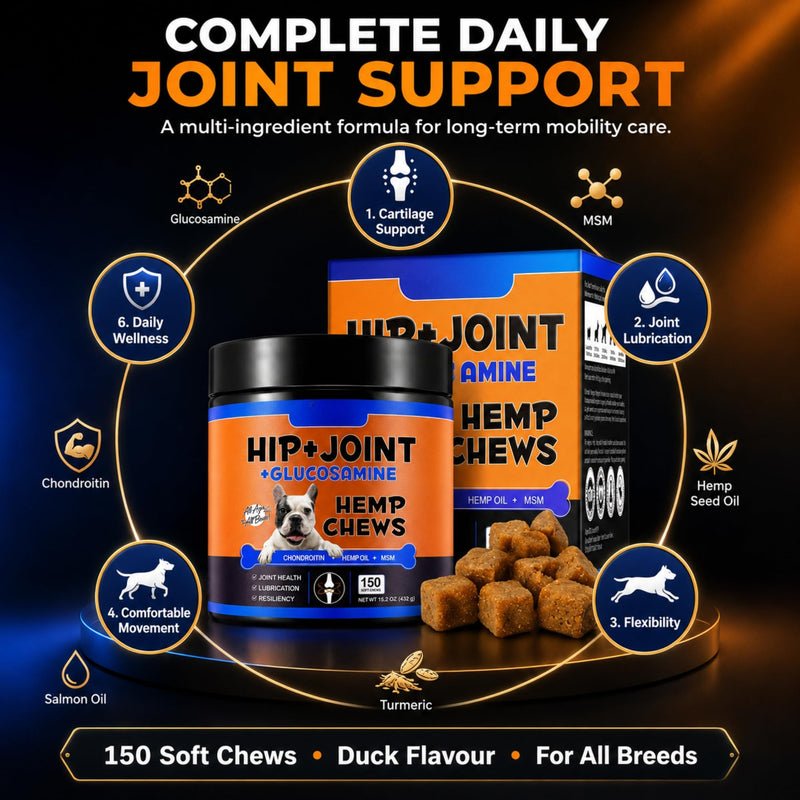 Hip & Joint Glucosamine Hemp Chews for Dogs (Duck Flavour | 150 Soft Chews) – Mobility Support Supplement with Chondroitin MSM, Joint Pain Relief & Flexibility Support