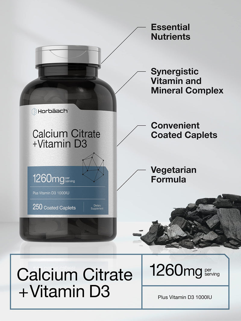 Horbäach Calcium Citrate with Vitamin D3 | 1260 mg | 250 Caplets | Vegetarian, Non-GMO, Gluten Free Supplement