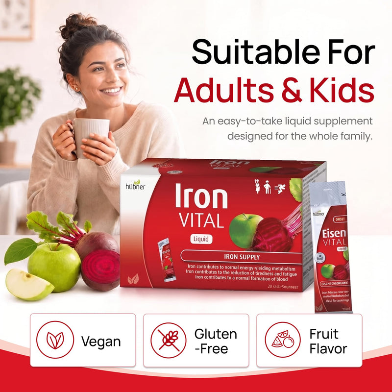 hübner Iron Vital Liquid Iron Supply Plus Vitamin C, Dietary Supplement for Adults and Kids, Vegan and Gluten-Free, Fruit Flavor, Box of 20 Packets, 10 ml Each