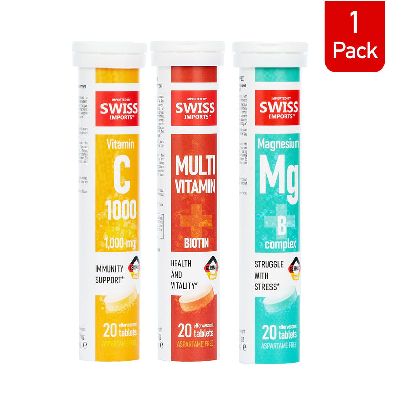 Effervescent Variety Pack with Vitamin C 1000mg, Magnesium + B Complex, Multivitamin + Biotin, 3-Pack, 60 Tablets 20 Count (Pack of 3)
