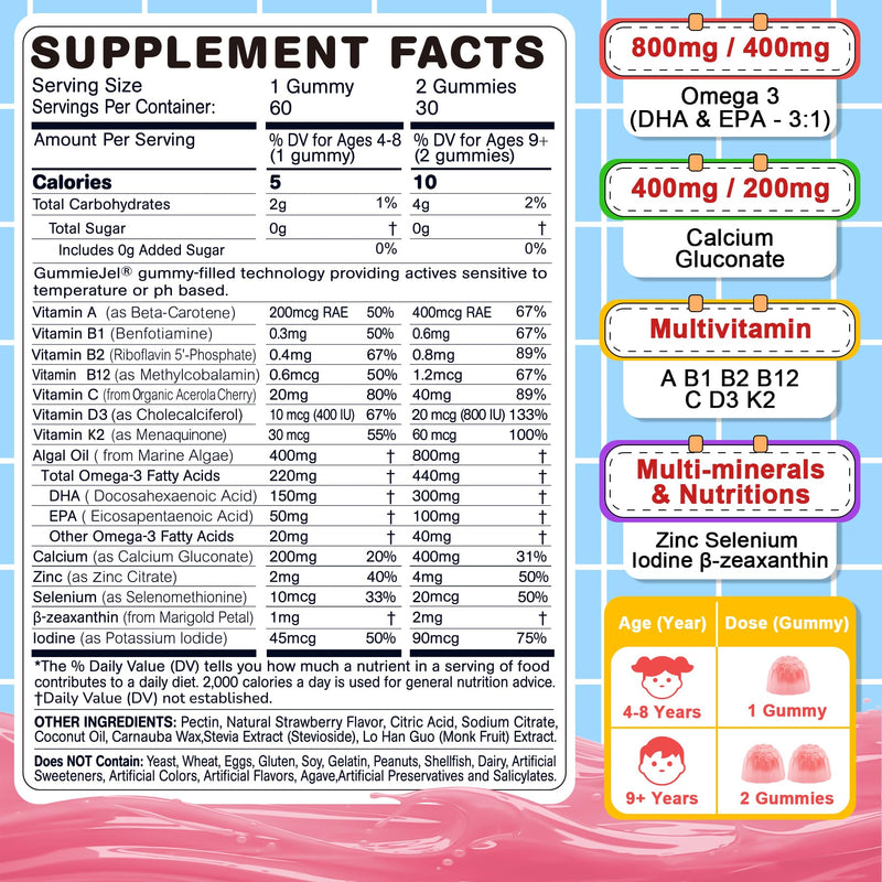 Nextdia Omega 3 (EPA/DHA) Filled Gummies for Kids with Multivitamin, Calcium + D3 + K2 + Zinc, Plus Vitamin A B1 B2 B12 C, Selenium, Iodine for Brain, Eye, Bone, Energy, No Fish Taste, 2 Pack 60 Count (Pack of 2)