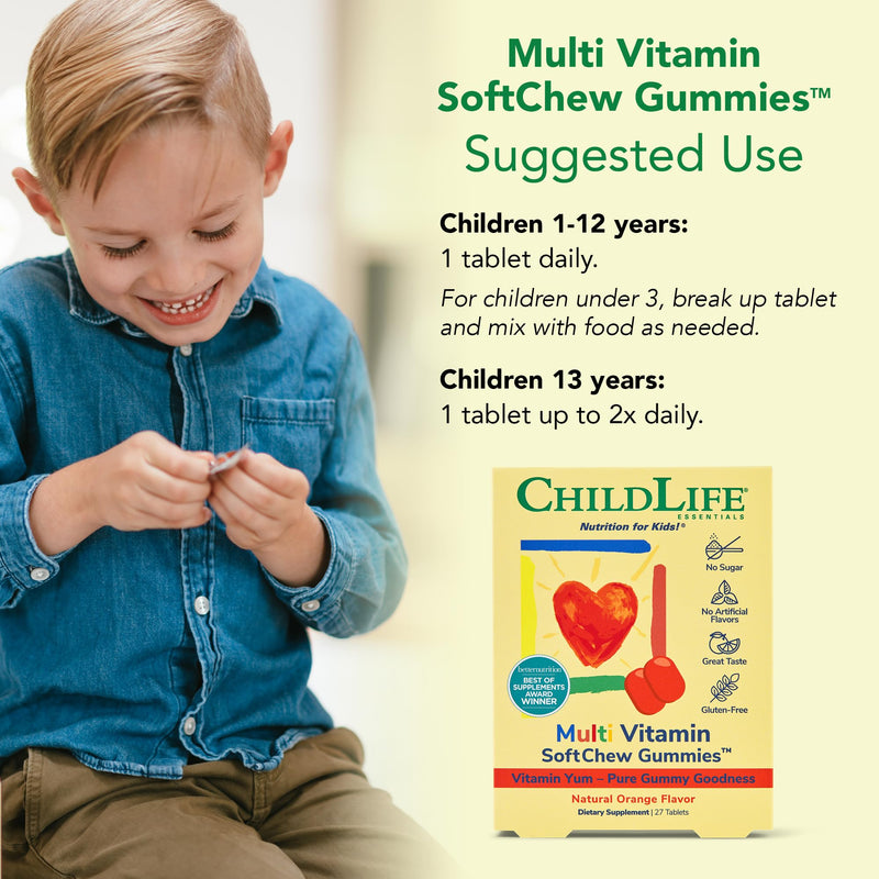 CHILDLIFE ESSENTIALS Kids Multivitamin SoftChew Gummies, Orange, 27 Tablets | Children's Vitamins, Multivitamin Gummies, Toddler Supplements, Chewable Vitamin, Sugar Free, Natural Flavor