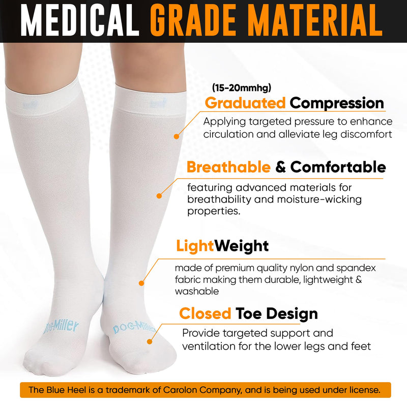 Doc Miller TED Hose Knee High Anti Embolism Stockings for Women & Men, Hospital Style Surgical Stockings, Plus Size White Compression Socks 15-20mmHg, Support Hose with Inspection Hole (M-5XL) Large (1 Pair)