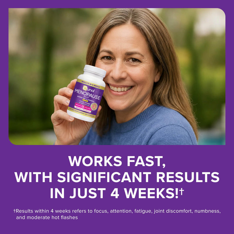 Qunol Menopause Relief +B6 Capsules, Peri to Post, Results in 4 Weeks, 60ct | Hormone Free Support for Fatigue, Brain Fog, Hot Flashes, Night Sweats, Mood Swings, Sleep Disturbances & Joint Discomfort
