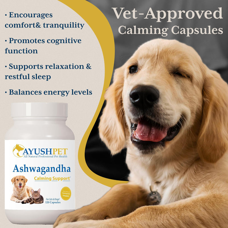 Ayush Pet Ashwagandha Capsules for Dogs & Cats - Organic Ashwagandha Root Extract for Calm and Daily Balance, Adaptogenic Wellness Supplement for Pets, 500mg Per Capsule - 120 Servings