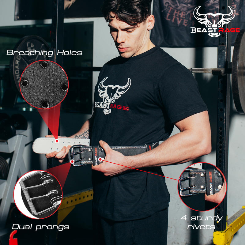 BEAST RAGE Weight Lifting Belt Leather Heavy Duty Gym Body Building Workout Training Weight Lifting Belt Adjustable Holes 4” Padded Lumbar Back Support Exercise Powerlifting Fitness Strength… L Black