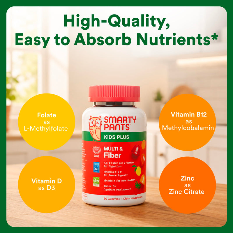 SmartyPants Kids Multivitamin & Fiber Gummies: Prebiotic Fiber to Support Kids Digestion with Vitamin D3, C, Vitamin B12, B6, A, Zinc, Biotin, Folate, Three Fruit Flavors, 90 Count (30 Day Supply) 90 Count (Pack of 1) Multi Fiber - 30 Day Supply