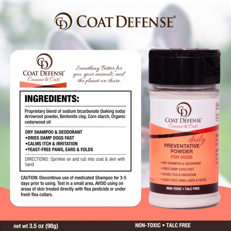 COAT DEFENSE Preventative Powder | Made in USA | 3.5oz Waterless Dog Shampoo & Pet Deodorizer for Smelly Dogs | Provides Anti Itch Relief | Dog Shampoo for Dry Itchy Skin & Dog Shampoo for Smelly Dogs - BeesActive Australia