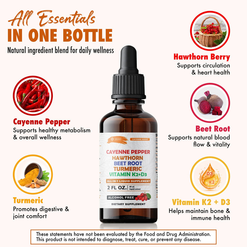 Cayenne Pepper Drops with Hawthorn Beet Root Turmeric Vitamin K2+D3 Liquid Supplement, Alcohol Free, 2 FL OZ, 60 Servings
