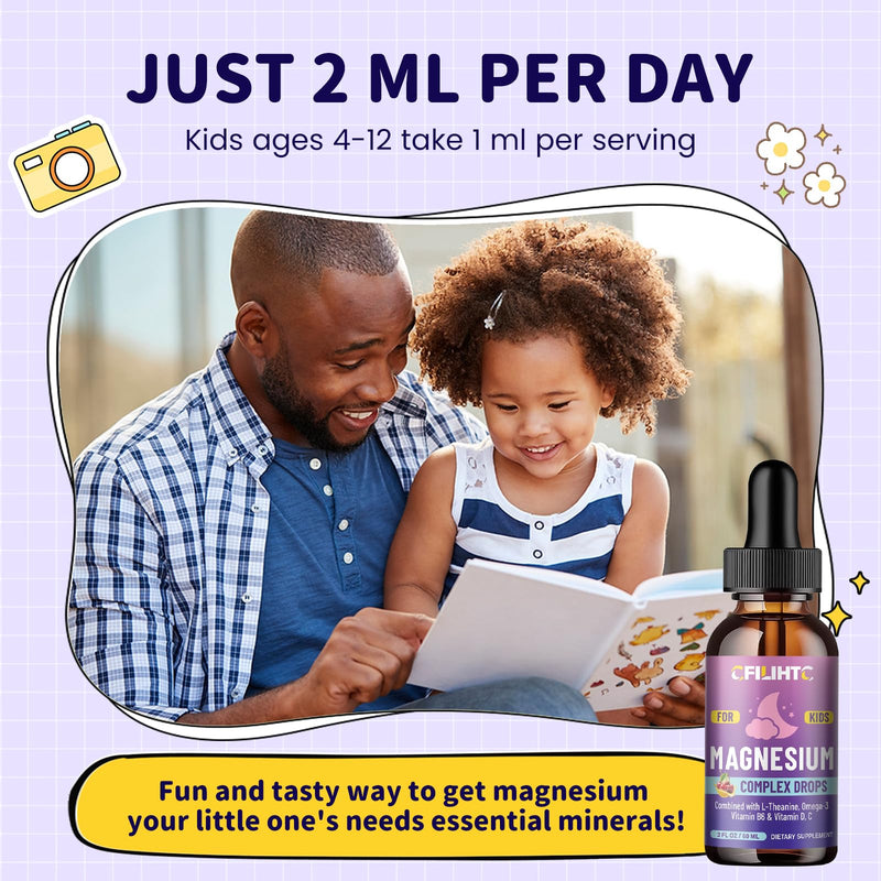Kids Magnesium Liquid Drops-Magnesium Glycinate Liquid for Kids Supplement-w/L-theanine, Omega-3, Vitamin B6, D3 - for Sleep, Relaxation, Brain, Bones - Cherry Flavor, 2 Fl Oz 2 Fl Oz (Pack of 1)