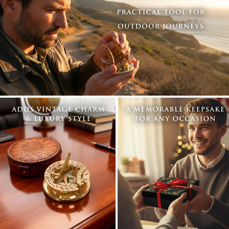 OakiWay Brass Sundial Compass in Leather Case - Nautical Gifts for Men, Antique Sailing Anniversary Gadget for Him, Unusual Unique Nautical Decor, Naval Maritime Pocket Watch Clock (2.7" Inch) 2.7" Inch Diameter