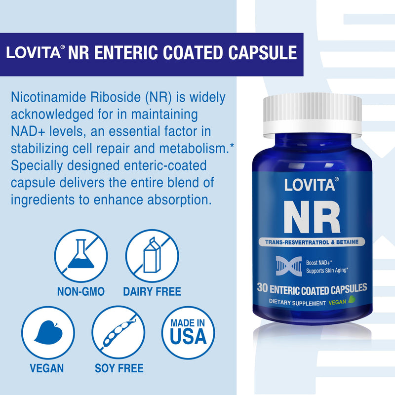 LOVITA NR (Nicotinamide Riboside) 350 mg, NAD Supplement with Trans-Resveratrol and Betaine, Promote NAD Plus Levels, Healthy Aging, 30 Vegan Enteric-Coated Capsules (Pack of 3) Standard Package 30 Count (Pack of 3)