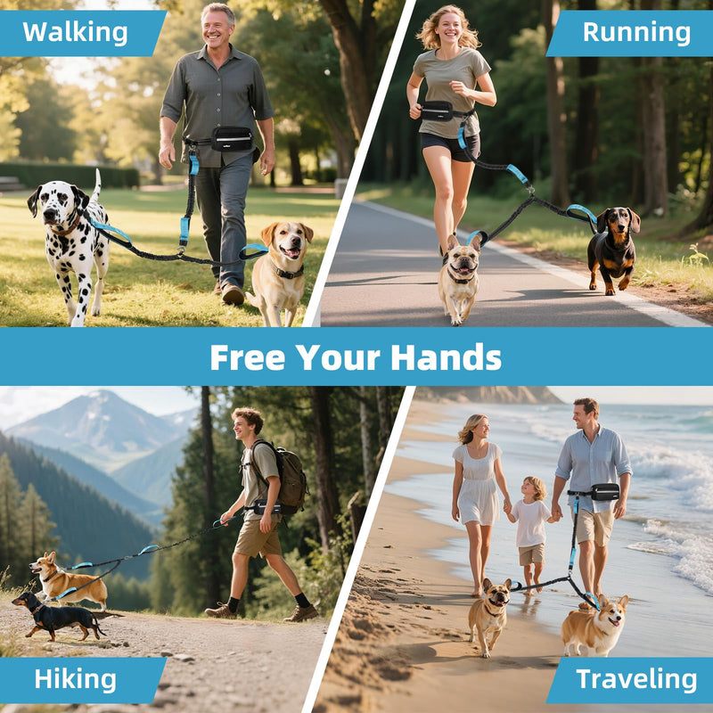 VavoPaw Hands Free Dog Leash for 2 Dogs with Pouch, Waist Leash for Dog Walking, Jogging, Hiking, Retractable Leashes with Dual Padded Handles, Adjustable Reflective Belt for Small, Medium, Large Dogs Black/Blue 2 Leashes - BeesActive Australia