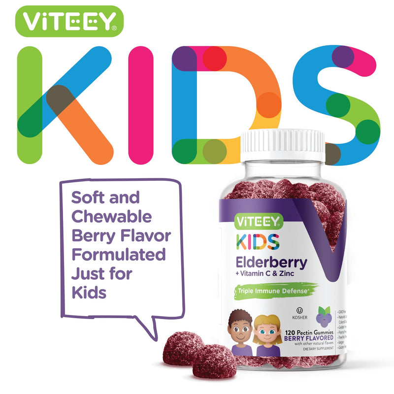 Viteey Sambucus Elderberry Gummies for Kids with Zinc & Vitamin C | Immune Support Supplements 3-1 Immune Booster - Vegan, Gelatin Free, Gluten Free, GMO Free - Chewable Berry Flavored Gummy 120 Count (Pack of 1)