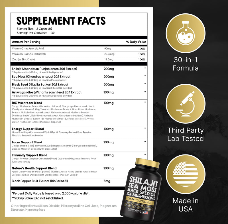 Power Blend Capsules - 30-in-1 Supplement Bundle with Shilajit 6000mg, Sea Moss 4000mg, Black Seed Oil 4000mg, Ashwagandha 2000mg, 10x Mushrooms, Tongkat Ali, Maca, Holistic Pills Combo