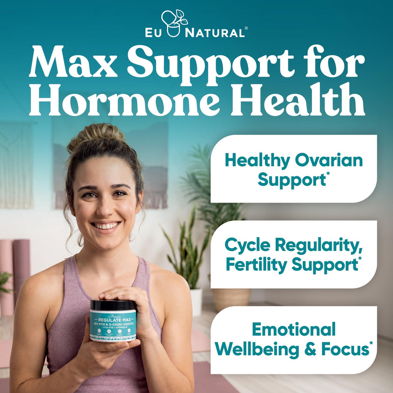 Eu Natural Regulate MAX Myo-Inositol & D-Chiro Inositol Supplement Powder for Women with Vitamin D & Folate Nutritional Support, Hormone Balance & Fertility Support, Unflavored 60 Servings - BeesActive Australia